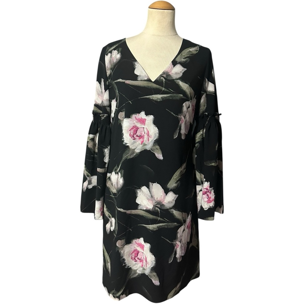 WHBM Long Sleeve Floral Bell Sleeve Shift Dress Black Floral Size 2